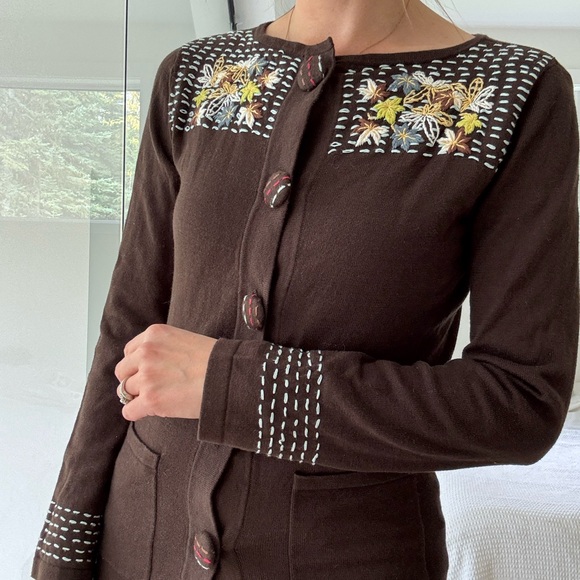 Vintage Brown Floral Embroidered Long line Cardigan xs - Picture 4 of 12